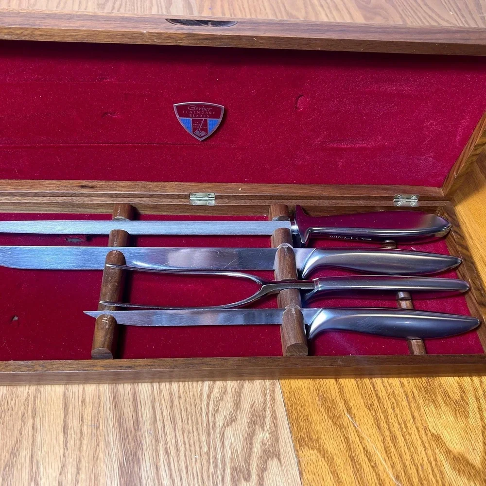 VTG Gerber Legendary Blades Carving Set Walnut Case Ron Knife Gunnir Steel USA